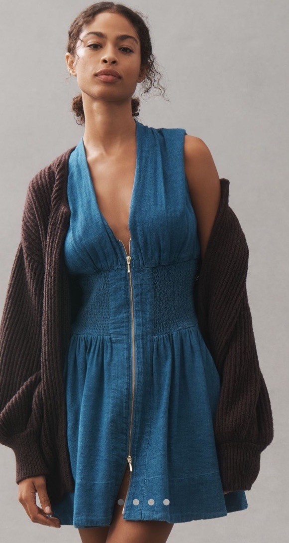 the tommie cap-sleeve smocked front-zip shirt dress: mini denim edition NWT Anthropologie The Tommie Cap-Sleeve Denim Smocked Front-Zip Mini Dress  L!!