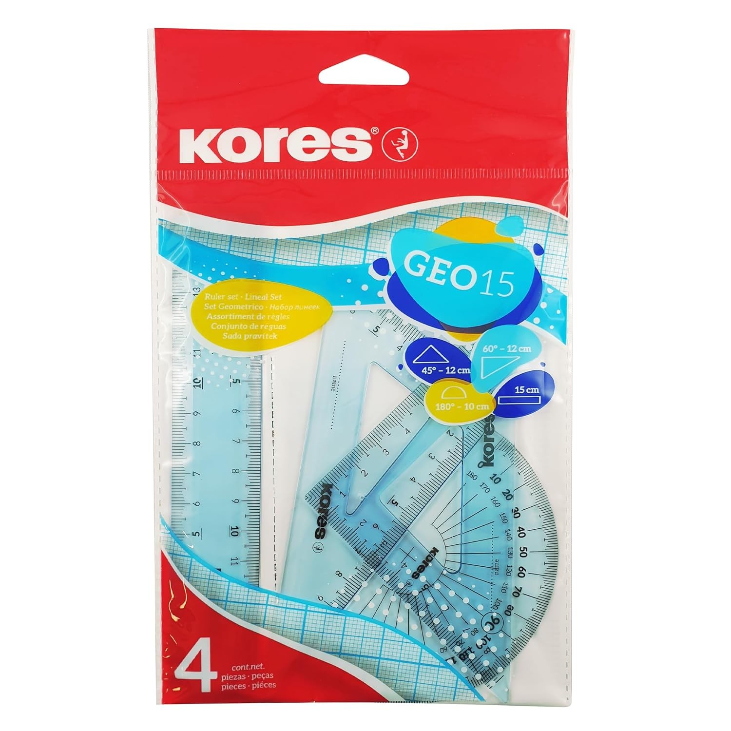 Kores - Geometry Set in Random Assorted Colours - GEO15 Protractor, Triangle an