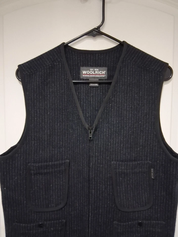 Vintage Woolrich Wool Pinstripe Utility Sport Hunting Vest Pockets Size Medium - Image 2 of 4