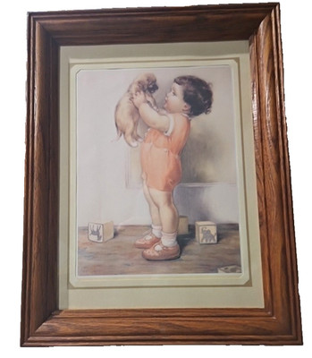 Vintage ''Mine'' by Bessie Pease Gutmann Wood Framed Print 14''x 18'' Child & Puppy