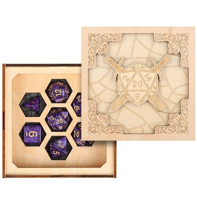 D&D Würfel mit Box 7 Lila Polyedrische Würfel Holz D20 Doppelschwerter Design...