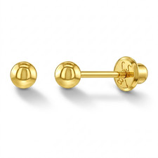 18k Yellow Gold Classic Ball Safety Screw Back Earrings for Little Girls 3mm-5mm