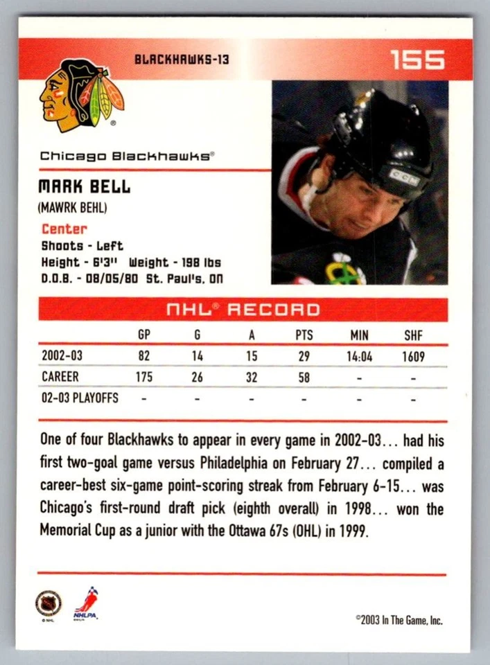 2003-04 In The Game Action Mark Bell Chicago Blackhawks #155 - Image 2 of 2