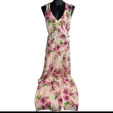Lulus Floral Maxi Dress Medium Pink Front Slit Lined Ruffle RD4134 Sleeveless