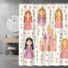 Cute Princess Shower Curtain for Kids Room, Pink Floral Design