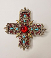 1960s ART Arthur Pepper Byzantine Maltese Cross Pin Rhinestone Turquoise