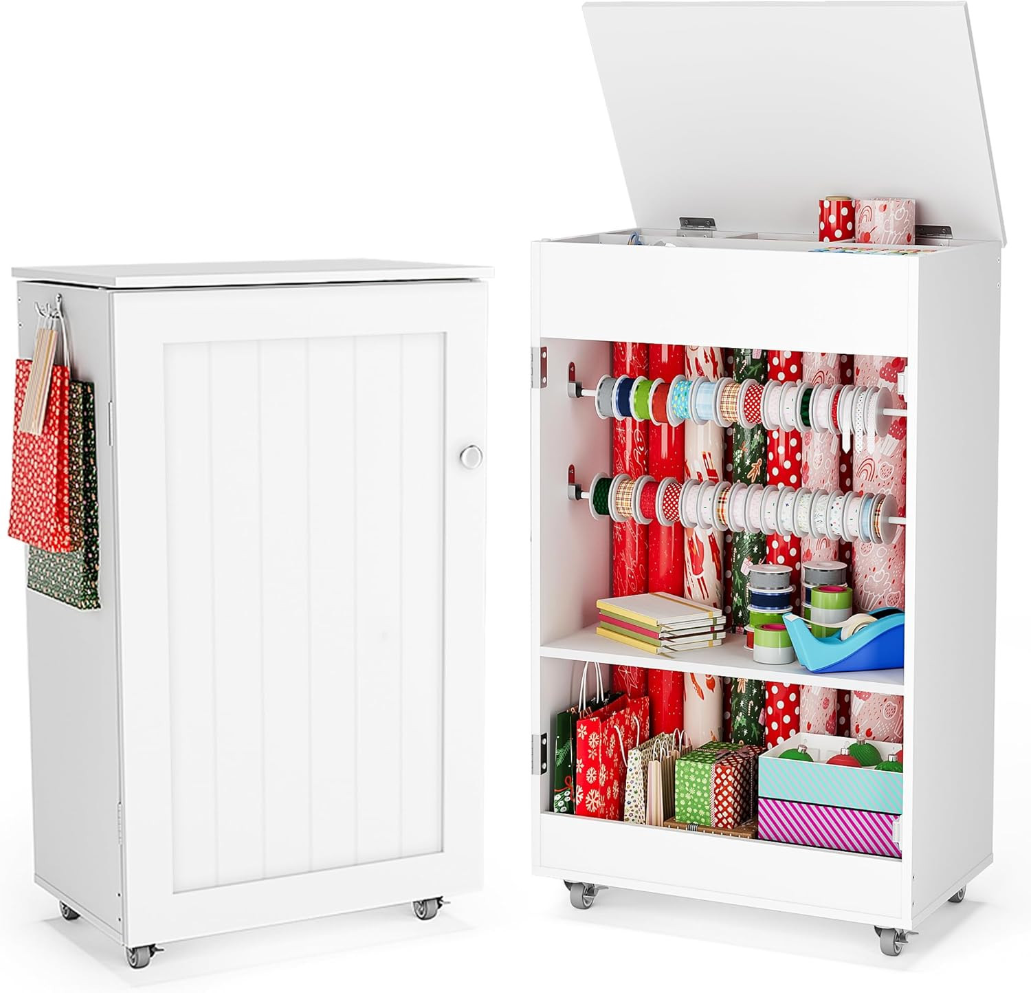 Storage Cabinet Rolling Gift Wrap Organizer Cart With Ribbon