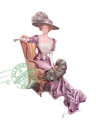 HARRISON FISHER Victorian Gibson Girl Lady chair w fan hat gloves * ART Print ** - Picture 3 of 9