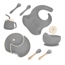 9PCS Baby Silicone Feeding Set Plates Utensils Bib Sippy Cup Bowl Blue