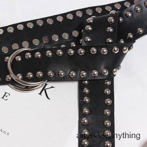 Women Faux Leather Belt Rivets Studded D Ring Slim PU Waistband Gothic Punk Belt - 第 17/23 張圖片