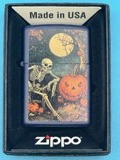 Vintage Halloween Pumpkin Skeleton Navy Blue Matte Zippo Lighter NEW