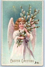 Easter Postcard Greeting Angel With Pipe Berry Embossed New Haven CT 1908 Posted