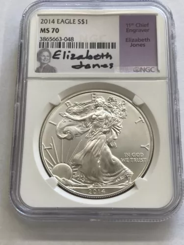 2014 SILVER EAGLE S$1 NGC MS 70 SIGNED ELIZABETH JONES