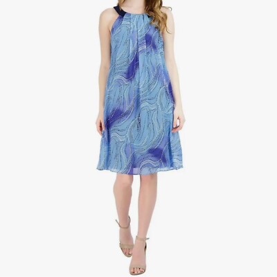Signature By Robbie Bee Womens Petites PM Blue Pleated Mini Shift Dress NWT