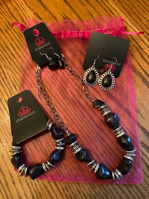 Paparazzi Accessories Black Onyx 4 PC SET Necklace, Bracelet, 2 Pr Earrings NWT