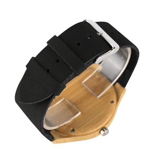 Handmade Men's Wooden Watch Natural Wood Bamboo Quartz Wristwatch Leather Strap - Picture 8 of 9