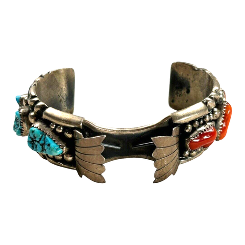 Vintage Native American Navajo Men's Sterling Silver Turquoise Coral Watch Band - Picture 2 of 6