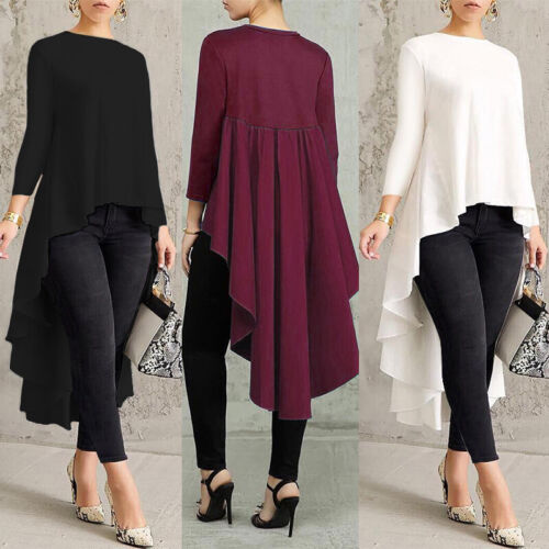 Women High Low Plus Blouse Long Sleeve Asymmetrical Waterfall Shirt Tops New - Picture 1 of 10