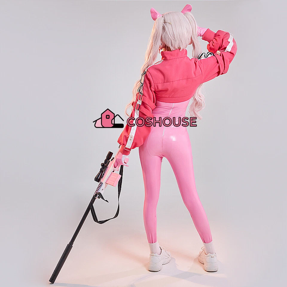 Women's Game Cosplay Costume Pink Bodysuit Set with Short Coat and Gloves - Image 4 of 4