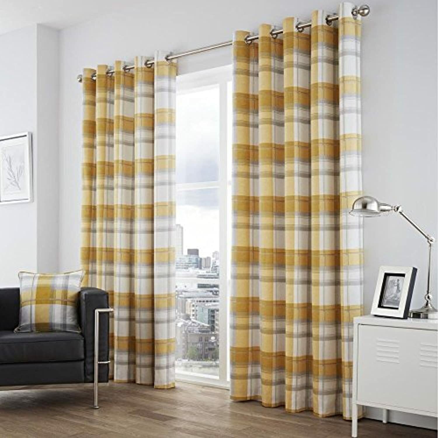 Fusion - Balmoral Check - 100% Cotton Eyelet Curtains - 66""Width x54""Drop, Ochre
