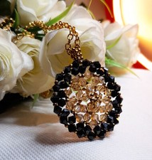 Handmade Pendant, Hand beaded, Egyptian disc, black & Gold, Gold plated chain
