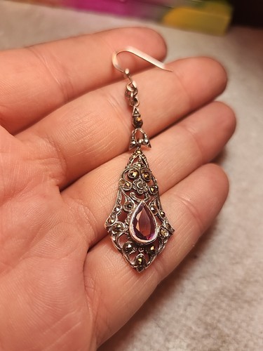 Amethyst Sterling Silver Filigree Victorian Earrings Antique Artisan Faceted - Picture 11 of 15