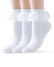 3 Pairs Girls Lace Socks, White Ruffle Frilly Ankle Cotton Socks Women