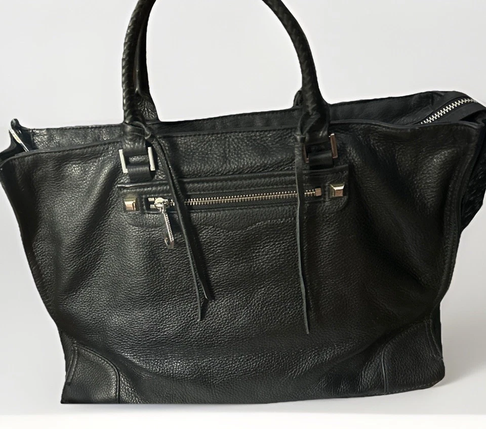 Rebecca Minkoff Regan Satchel Bag Large Black Pebbled Leather Silver Tote - Image 3 of 4