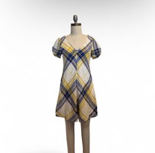Urban Outfitters Linen Blend Plaid Blue And Yellow Dress pouf Sleeves Sz XS