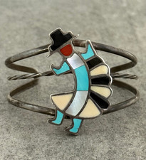 Vintage NAVAJO RAINBOW MAN Turquoise multi stone INLAY Sterling Bracelet 6.6 in