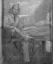 Vintage Photo 1940's Soldier Studio Portrait Man In Military Uniform Scenic Back