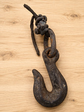 Industrial Cast Iron Lifting Hook With Steel Cable Antique Rigging Hardware