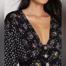 Free People Wonderland Mini Dress Black Floral Rayon Boho 90’s Y2K Size Large