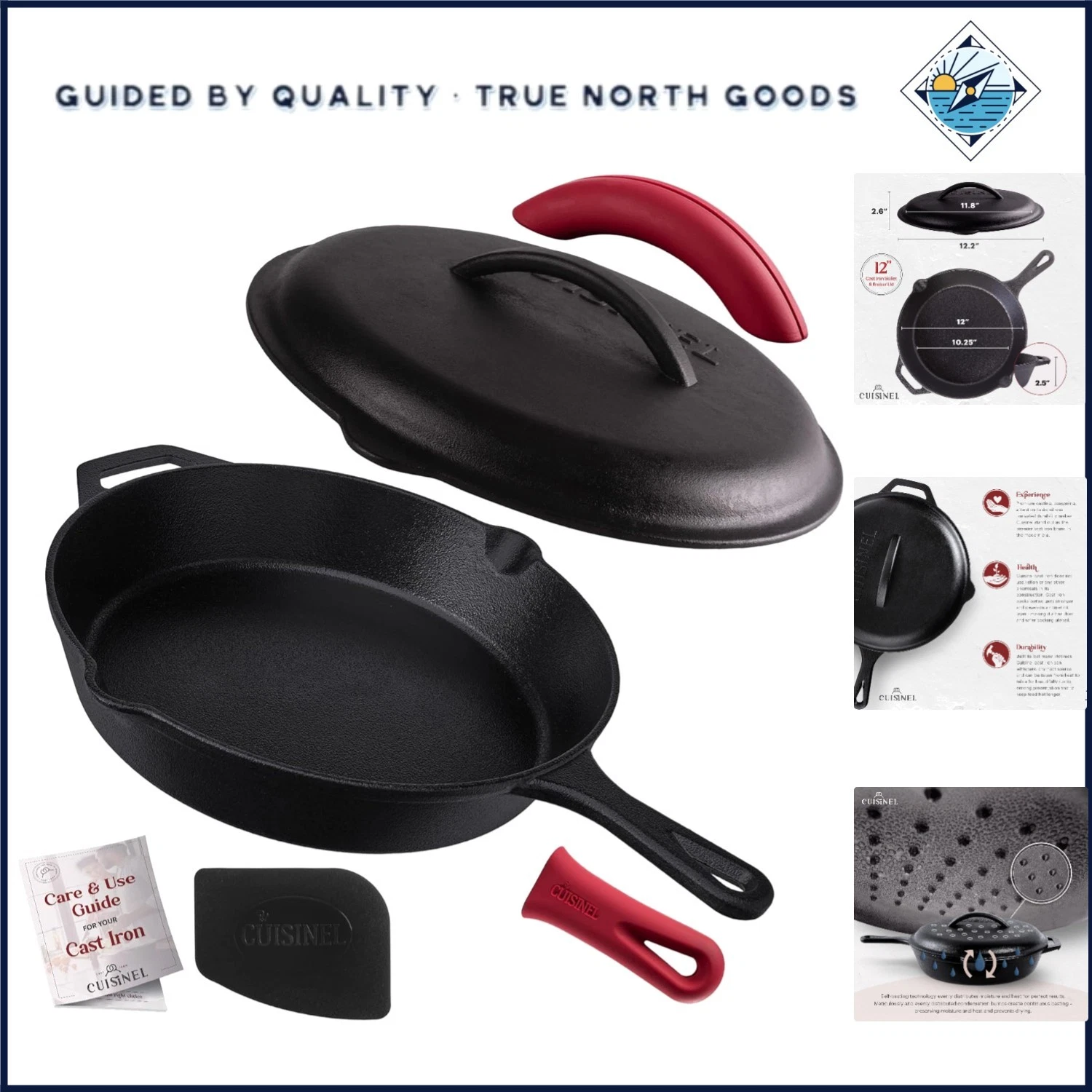 12-Inch Cast Iron Skillet Set with Lid, Silicone Handle and Pan Scraper Included