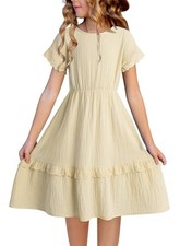 Girls Cotton Short Sleeve Dresses Lace Semi Formal Dress 12-13 Years Beige