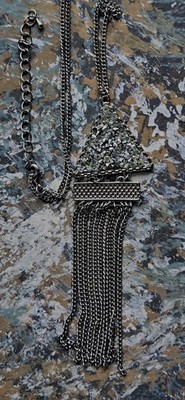 Silvertone Link Chain Necklace Embedded Glass & Fringe 30'' W '' Fringe Pendant 5''