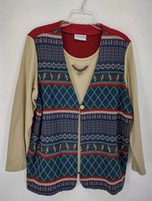 Vintage Alfred Dunner Layered Long Sleeve Shirt Size L Made in USA Necklace