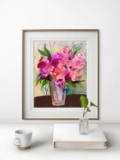 OOAK Acrylic Painting of Pink Bouquet on Archival Paper  9"x12"