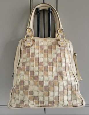 ISABELLA FIORE Medium Cream Checkered Design With Gold Accents Handbag 
