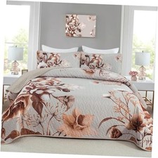 Quilt Set Size Bedding Set 3 Pieces Boho Floral Quilt Bedspread Soft King Khaki