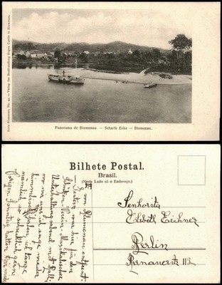 Postcard Blumenau Brazil Sharp Corner Steamer German Colony Brazil 1914