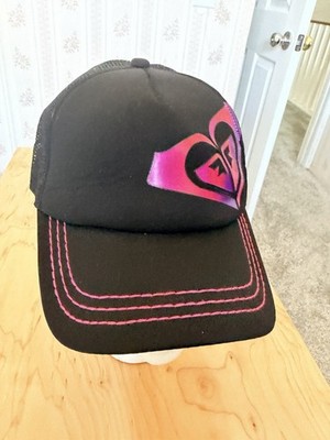 Roxy Y2K Women's Black Trucker Hat Cap Pink Purple Heart Logo