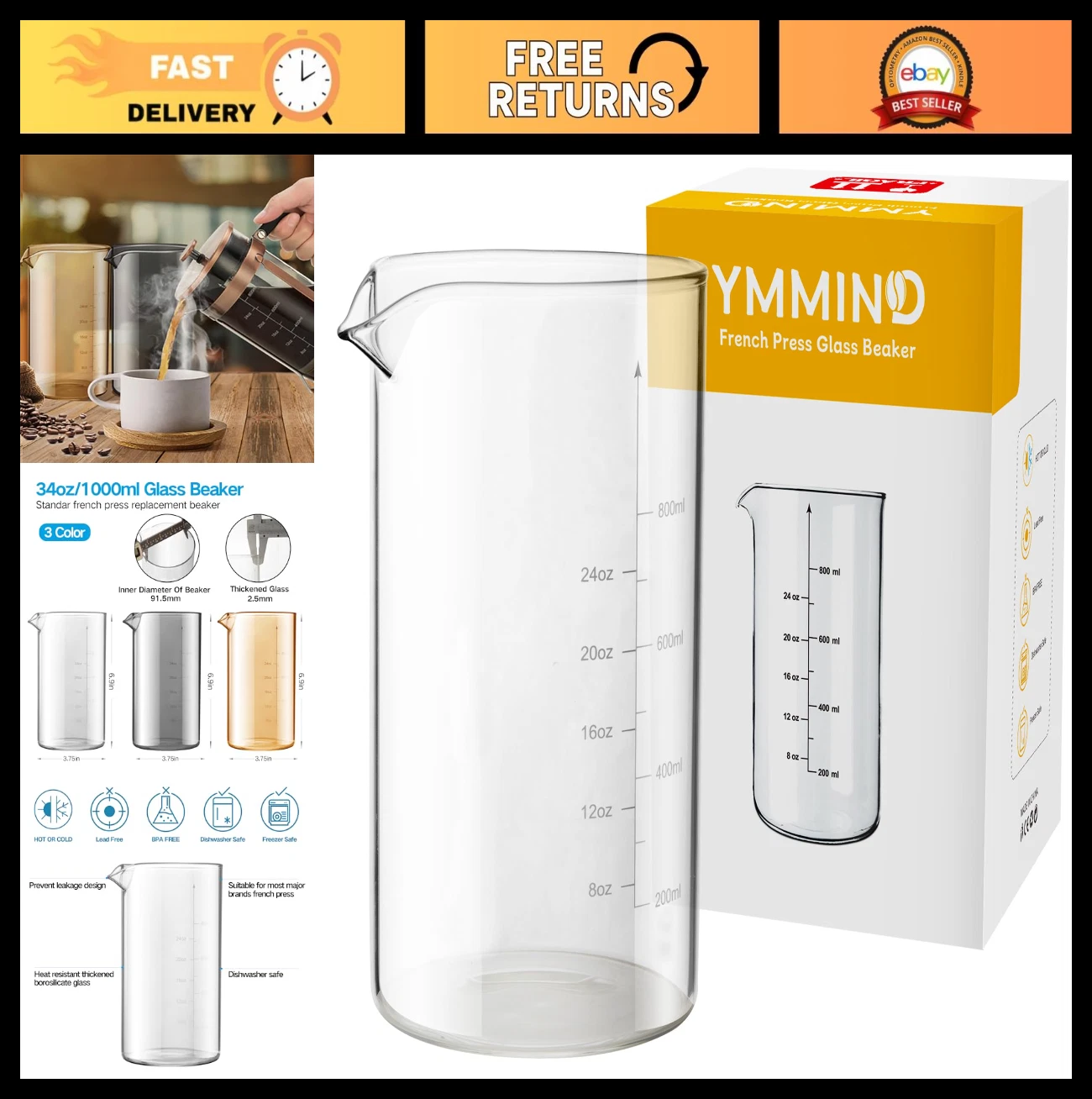 Universal 34 oz French Press Replacement Glass Beaker - Fits Most Coffee Makers,