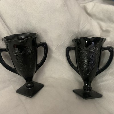 2 VINTAGE L.E. SMITH BLACK GLASS TROPHY VASES W/DANCING NYMPHS 1930's