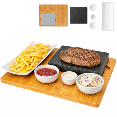 Lavastein Steakbrett, Servierplatte, Bambusbrett mit Hot Stone Grill, Steak Gril