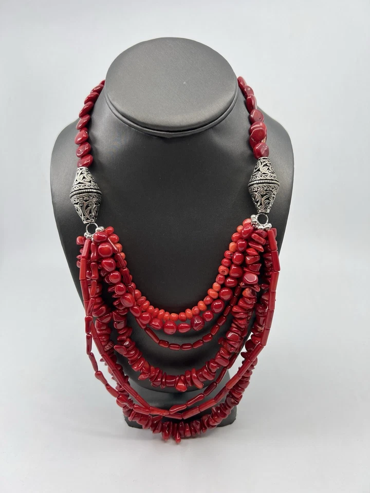 Collar llamativo de plata esterlina coral bambú en capas BARSA