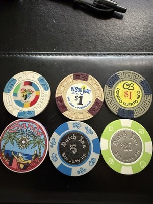 (6) $1 $5 $25 Sands Dutch Inn El San Juan Cerromar Puerto Rico Casino Chips