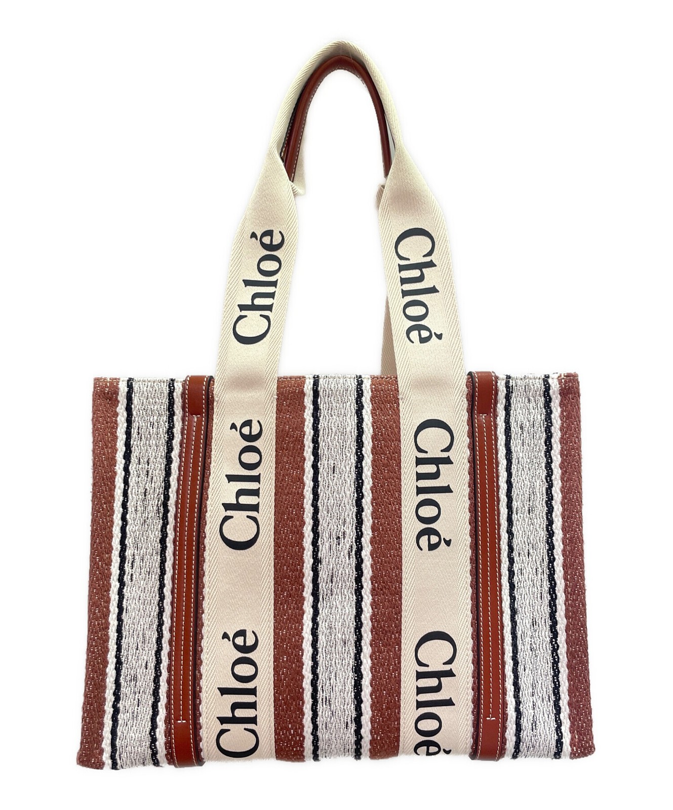 Chloe Medium Woody Tote Bag in Brown and White