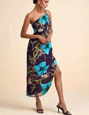 Lulus Purple Blue Floral One Shoulder Asymmetric Strappy Midi Slip Dress L