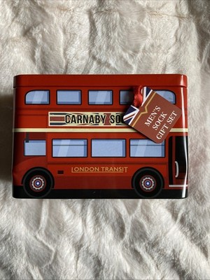 Carnaby Men s Sock Gift Set 3 Pairs US Size 8-12 New with Tags Bus Collector Tin